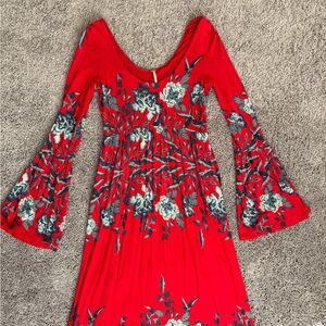 Free People Red Floral Long Sleeve Dress